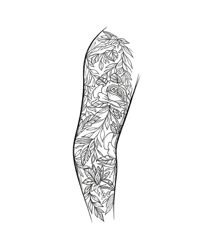 Black and white sketch of a collarbone tattoo with a floral sleeve, with detailed roses and leaves, perfect for a female body.