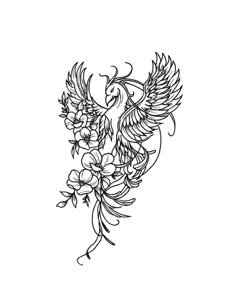 Black and white sketch of a phoenix tattoo surrounded by magnolia flowers, for placement on the shoulder blade.