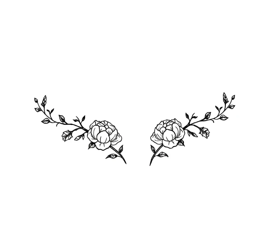 Black and white sketch of a tattoo with two blooming peonies, placed symmetrically along the collarbone, with thin branches and leaves.