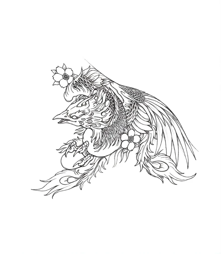 Black and white sketch of a phoenix tattoo with spread wings and sakura flowers on the shoulder blade, done in a graphic style.