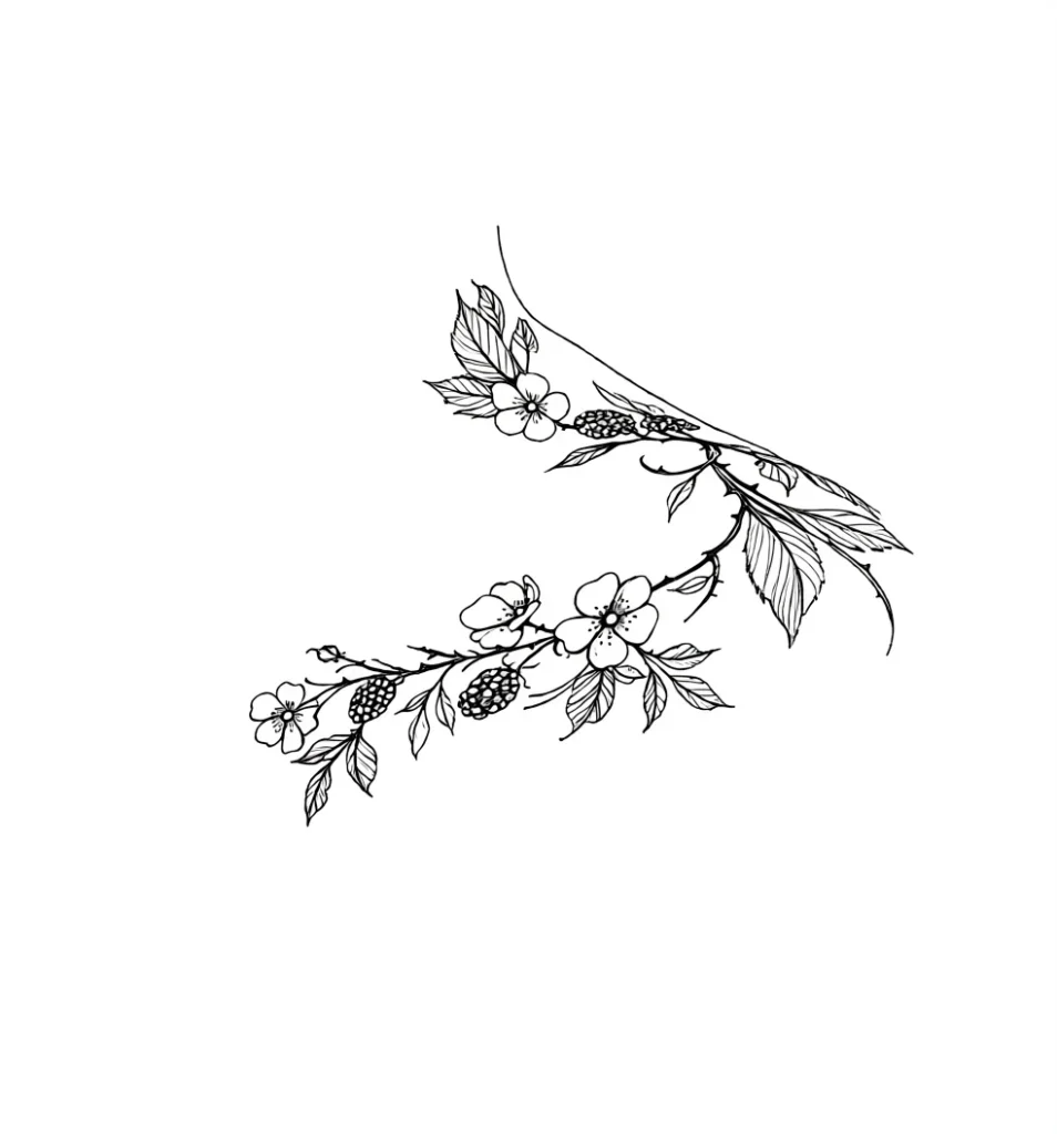 Black and white sketch of a collarbone tattoo with a branch of blooming blackthorn and ripe berries, done in fine graphic technique.