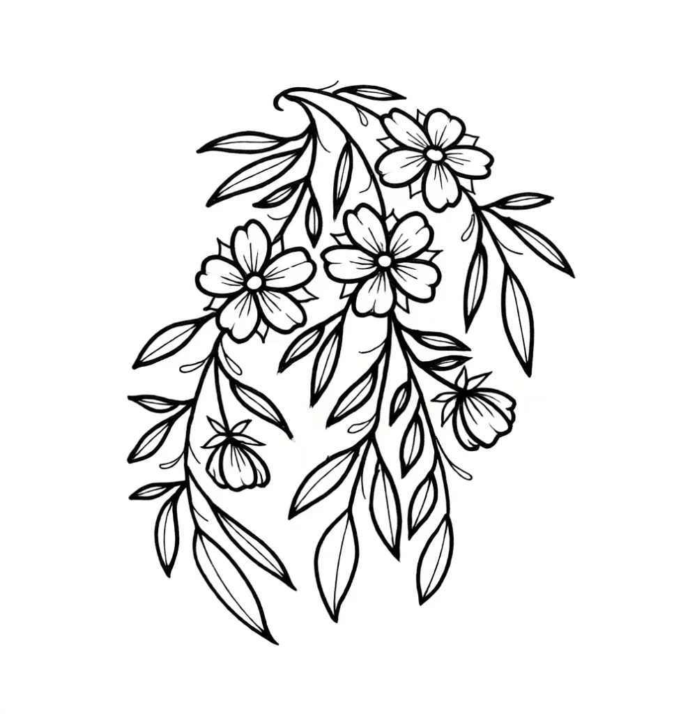 Black and white sketch of a tattoo with a branch of flowers and leaves, ideal for placement on the shoulder blade.