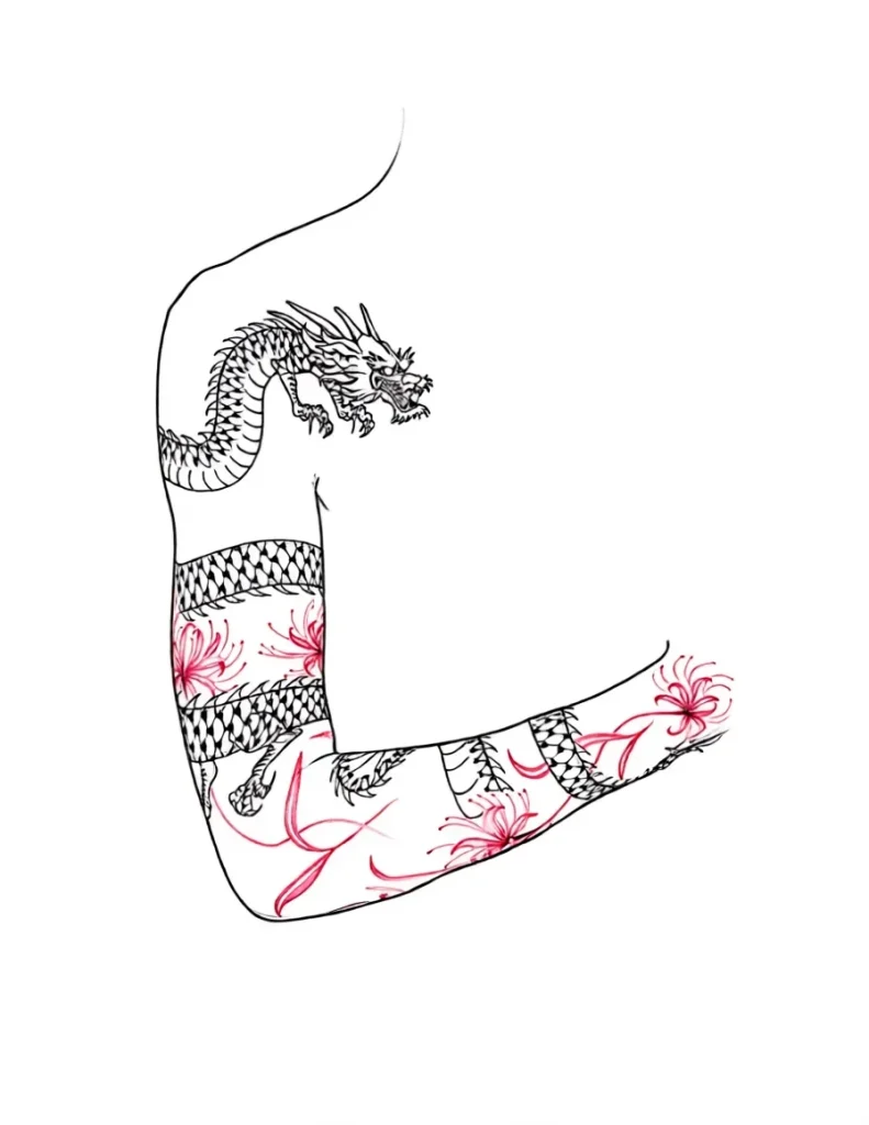 Black and white collarbone tattoo with an oriental dragon coiling around the bone, adorned with red dahlias.