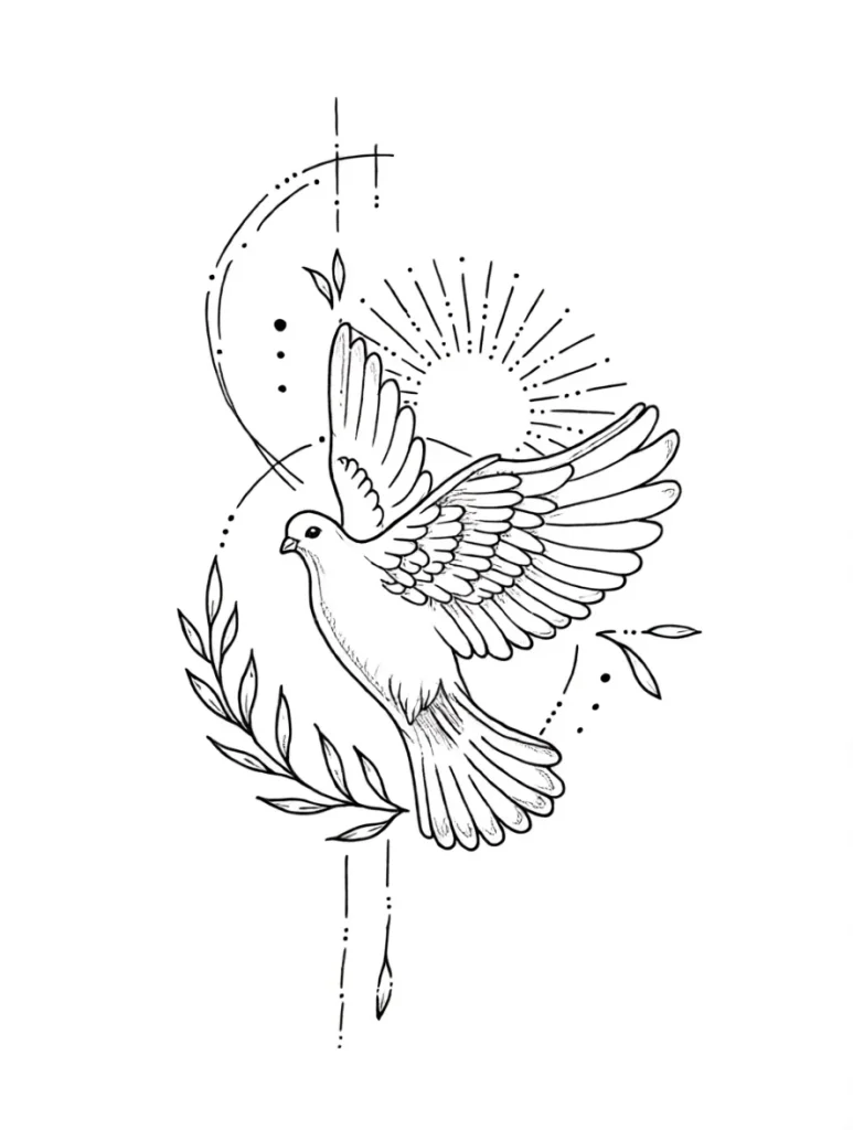 Black and white sketch of a tattoo on the shoulder blade: a flying dove surrounded by rays and a floral ornament.