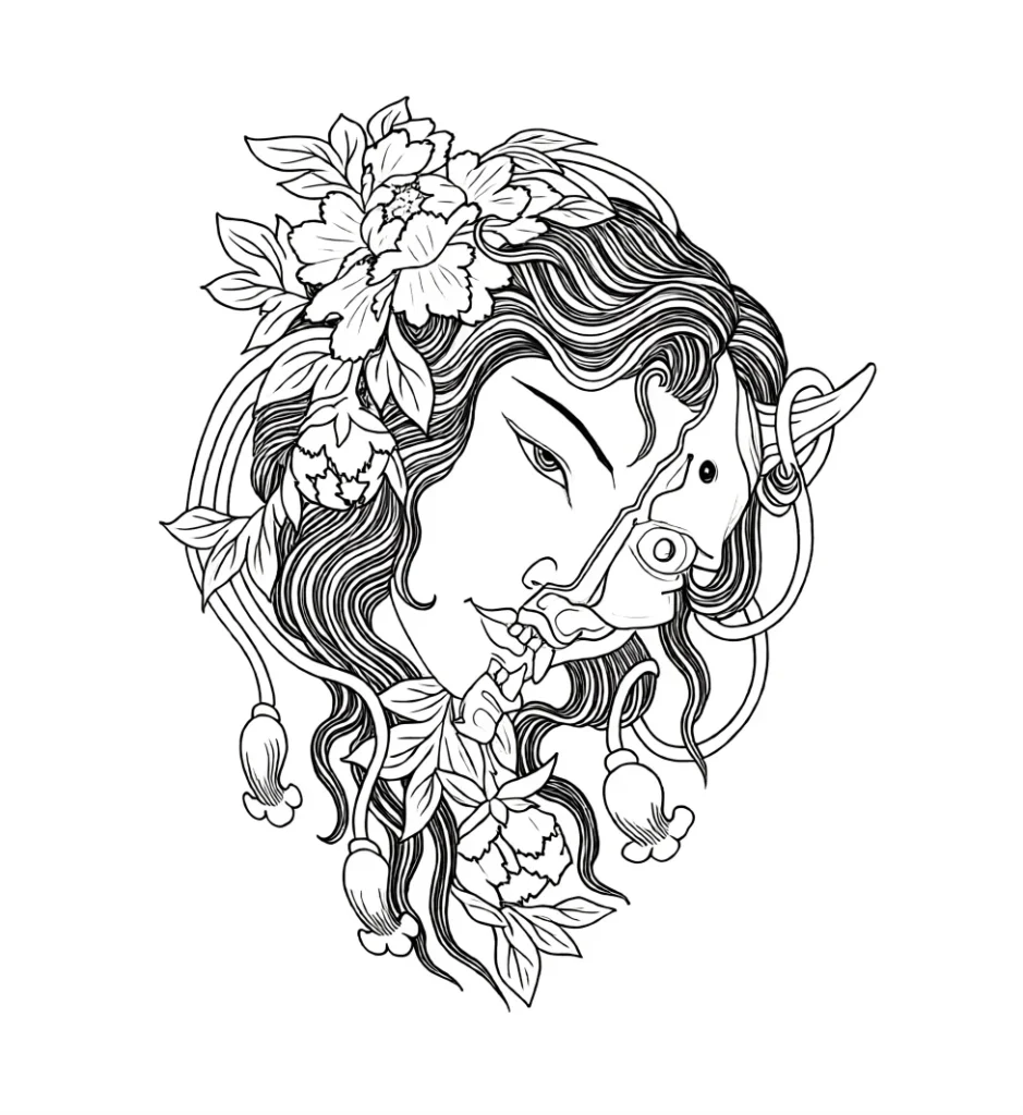 Black and white sketch of a tattoo on the shoulder blade: a female face adorned with peonies and a futuristic element in the form of a cyber implant.