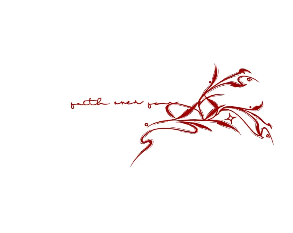 Photo of a collarbone tattoo: a red branch with leaves and the inscription 'Faith Never Fades' in a minimalist style