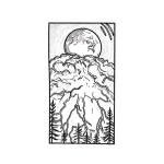 Черно-белый эскиз татуировки на ребра для мужчин и женщин: луна, гроза, лес, выполненный в графическом стиле.