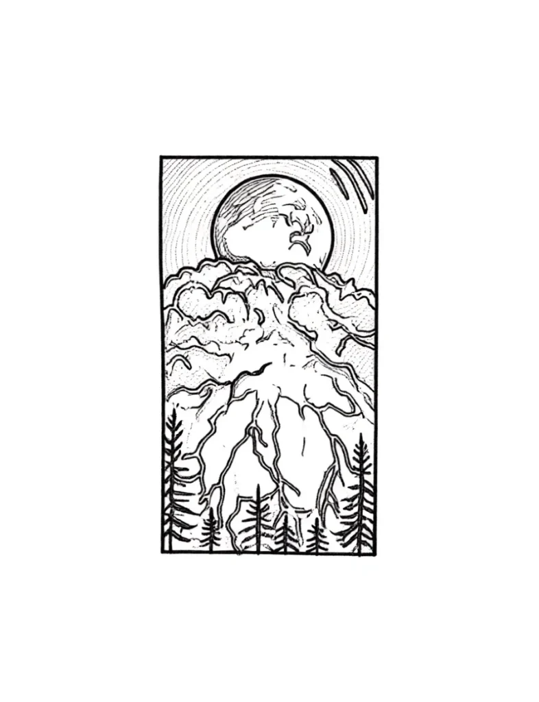 Esquisse de tatouage noir et blanc pour les côtes, pour hommes et femmes : lune, orage, forêt, réalisé dans un style graphique.