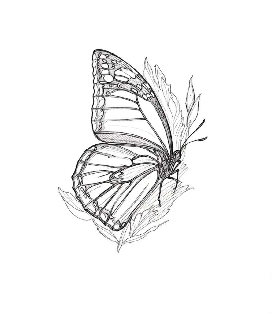 Black and white sketch of a butterfly tattoo, sitting on a leaf, for placement on the shoulder blade.