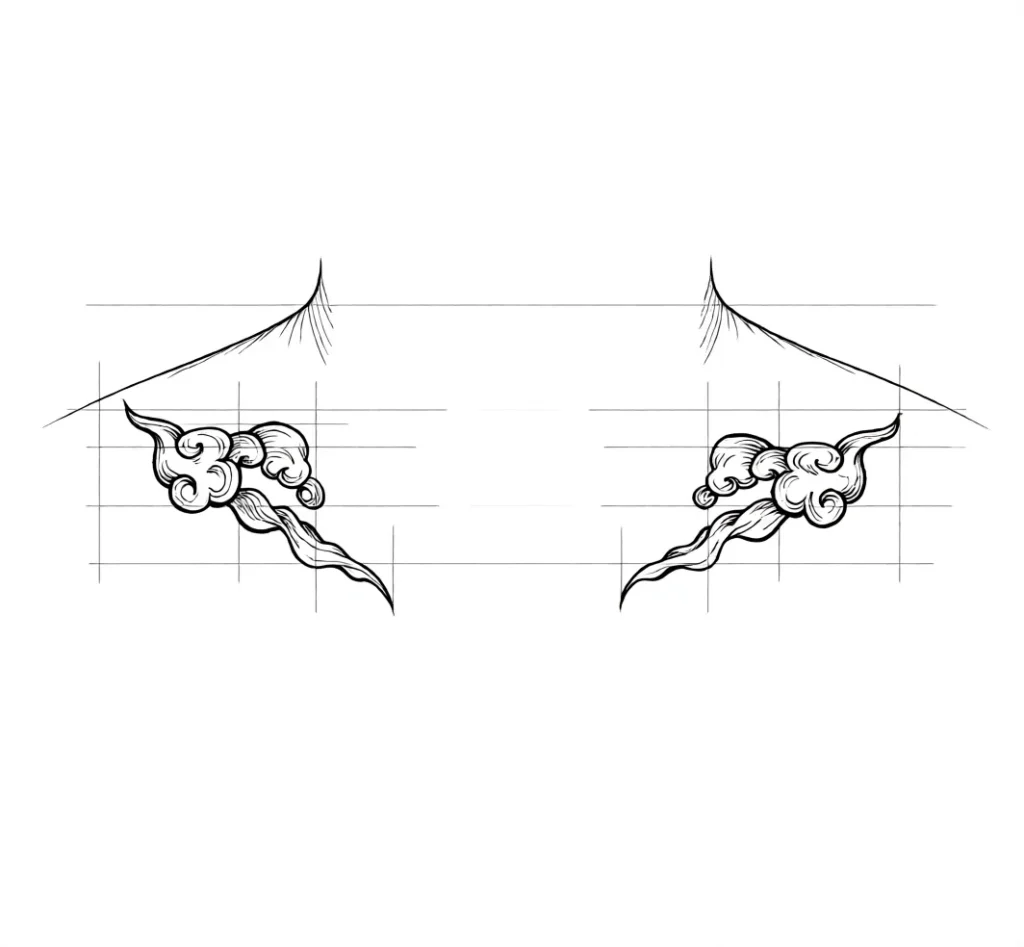 Black and white sketch of cloud tattoos on the collarbone, done in traditional style, with an emphasis on smooth lines and symbolic meaning.