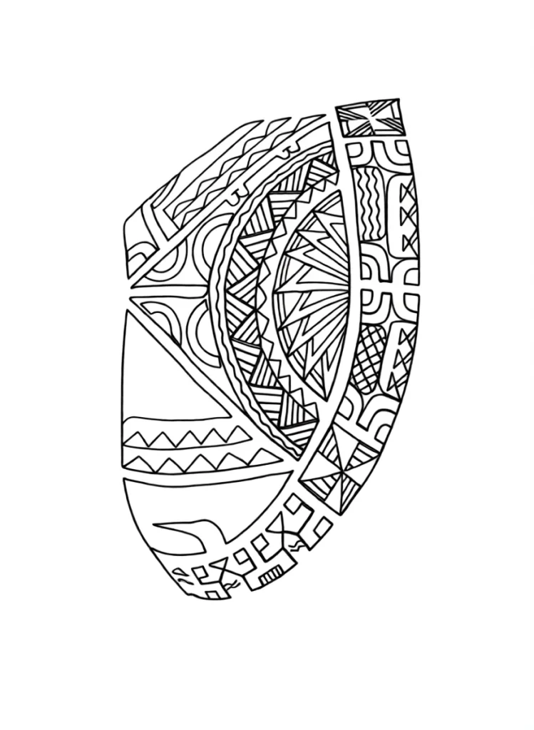 Black and white sketch of a Polynesian ornament style tattoo for the shoulder blade, with geometric patterns and symbolic elements.