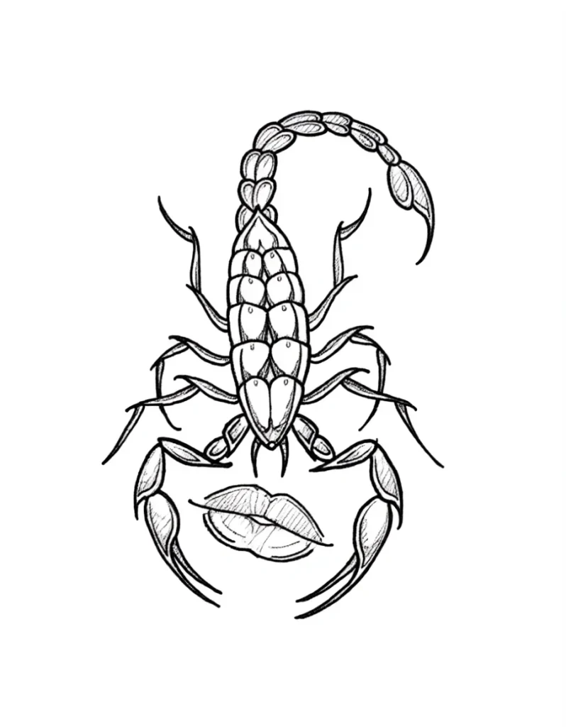 Black and white sketch of a scorpion tattoo for the shoulder blade, with an emphasis on the detail of the shell and curved tail.