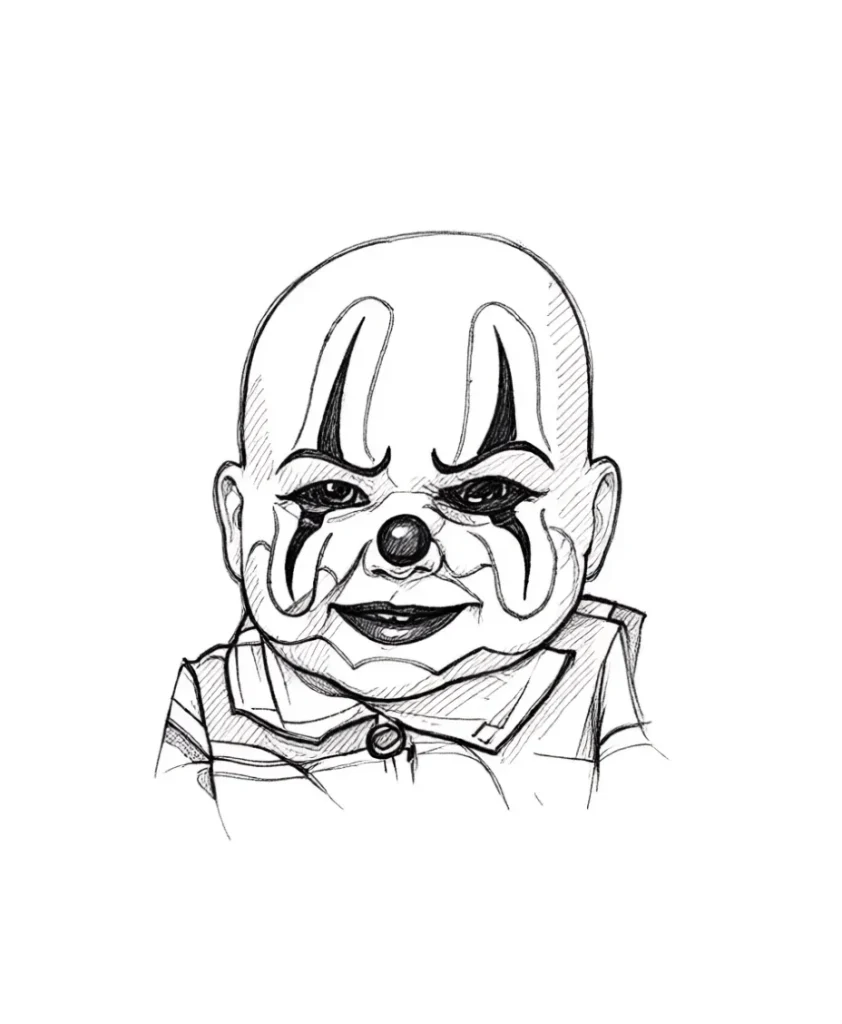 Black and white sketch of a clown tattoo with an expressive, sinister face, ideal for placement on the shoulder blade.