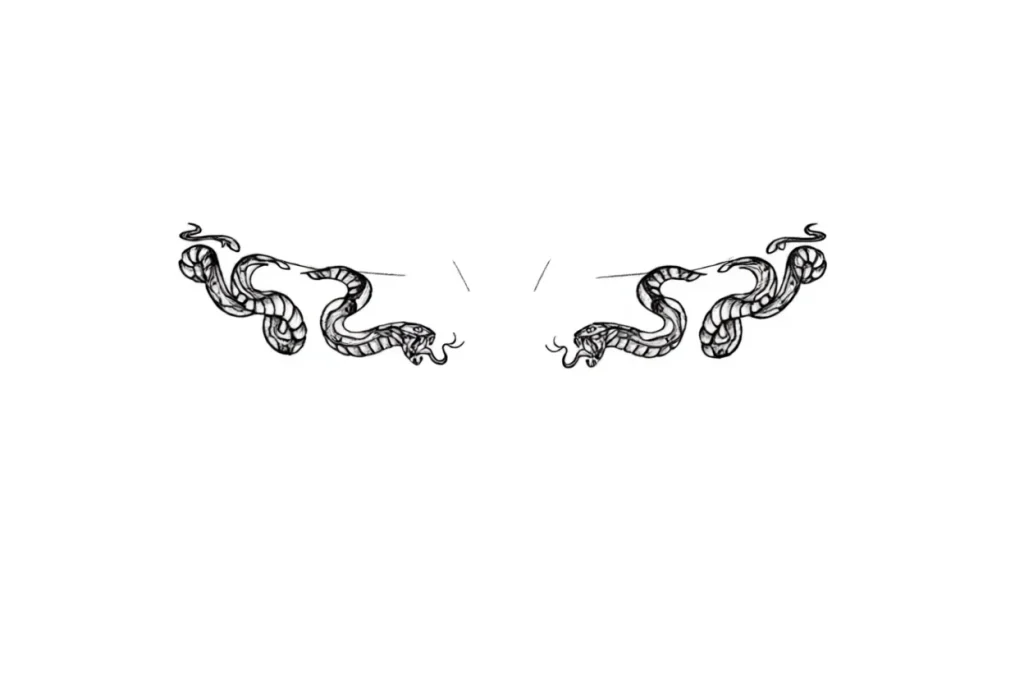 Black and white sketch of a tattoo with two snakes, symmetrically placed along the collarbone, with detailed scales and elegant curves.