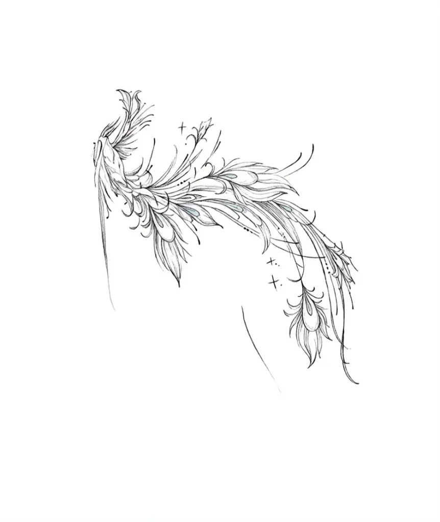 Black and white sketch of a wing tattoo, done in a graphic style, with decorative elements and placed on the contour of the shoulder blade.