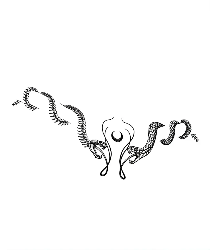Black and white tattoo on the collarbone with a snake coiling around a crescent moon, done in a graphic style.