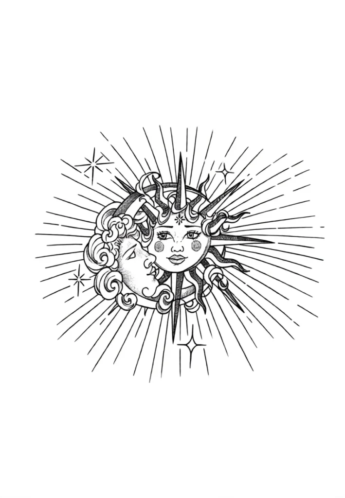 Black and white tattoo on the shoulder blade: female faces of the Sun and Moon, surrounded by rays and stars, done in a graphic style.