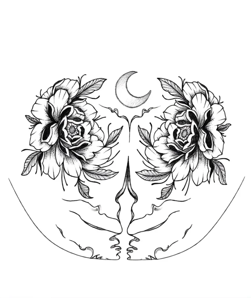 Black and white tattoo on the shoulder blade: two blooming peonies framing a crescent moon and a stylized skull.