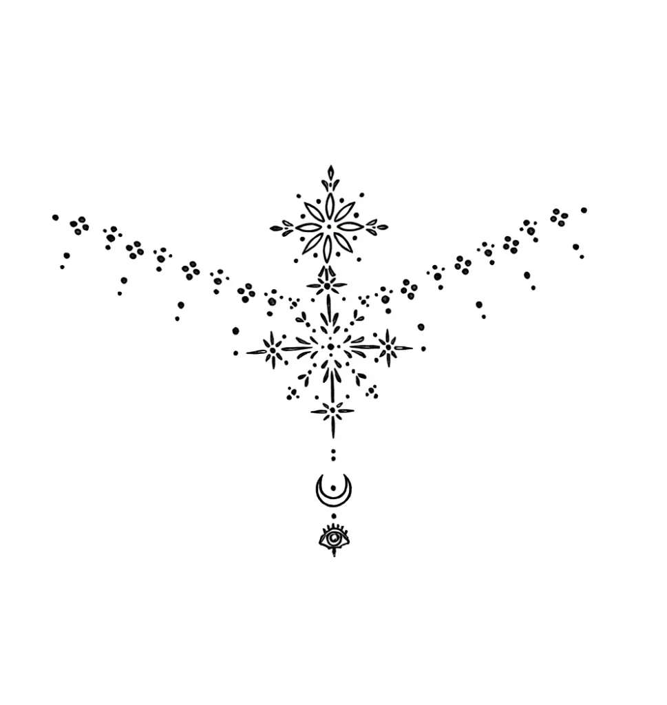 Black and white sketch of a collarbone tattoo with geometric patterns, stars, and an eye symbol, representing protection.