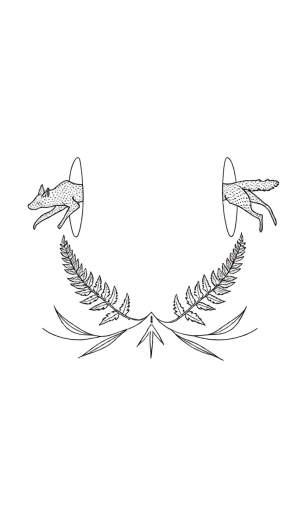 Black and white sketch of a tattoo on the shoulder blade: two foxes looking at each other, and a fern branch forming a semicircle.