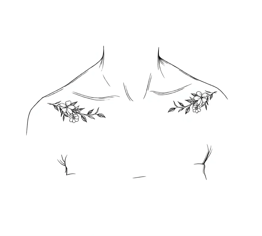 Black and white sketch of a collarbone tattoo with delicate flowers placed along the collarbone bone.