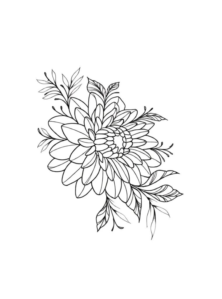 Black and white sketch of a flower tattoo for the shoulder blade, done in a graphic style with an emphasis on petal and leaf detailing.