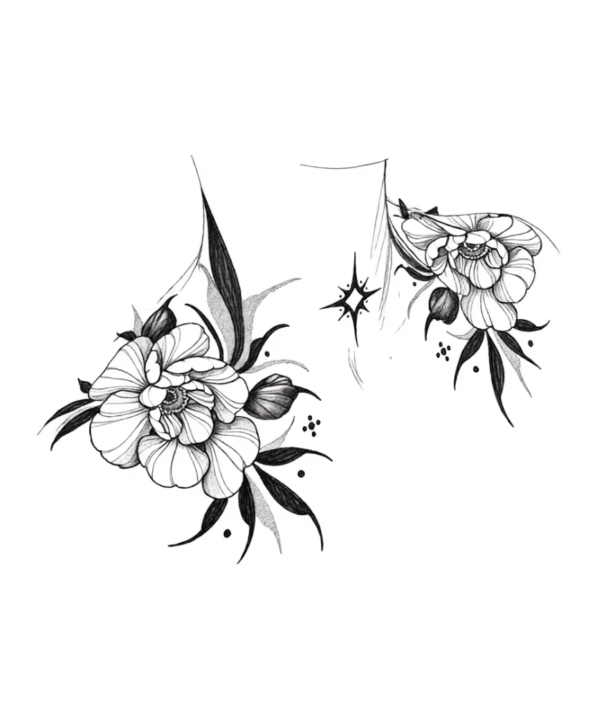 Black and white collarbone tattoo with two blooming peonies and a scattering of small stars, done in graphic technique.