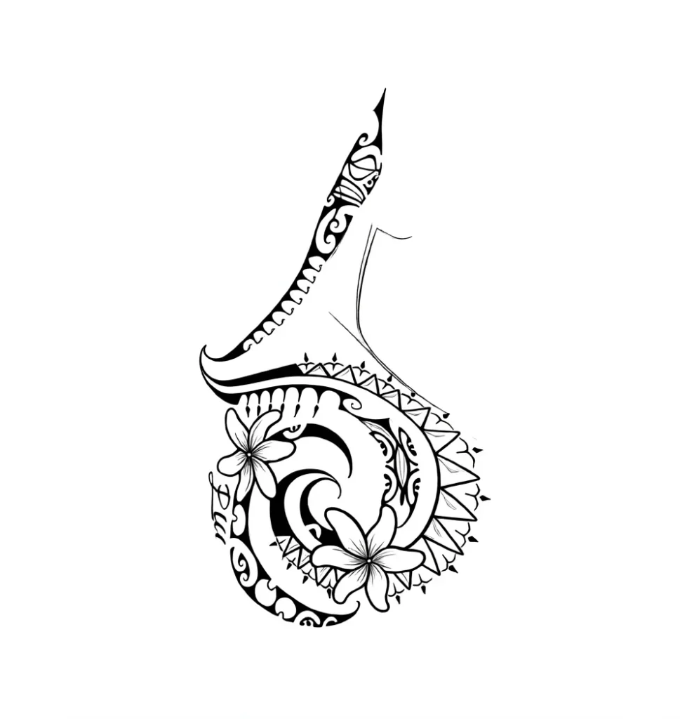 Black and white sketch of a tattoo on the shoulder blade in Polynesian style with images of waves, spirals, and plumeria flowers.