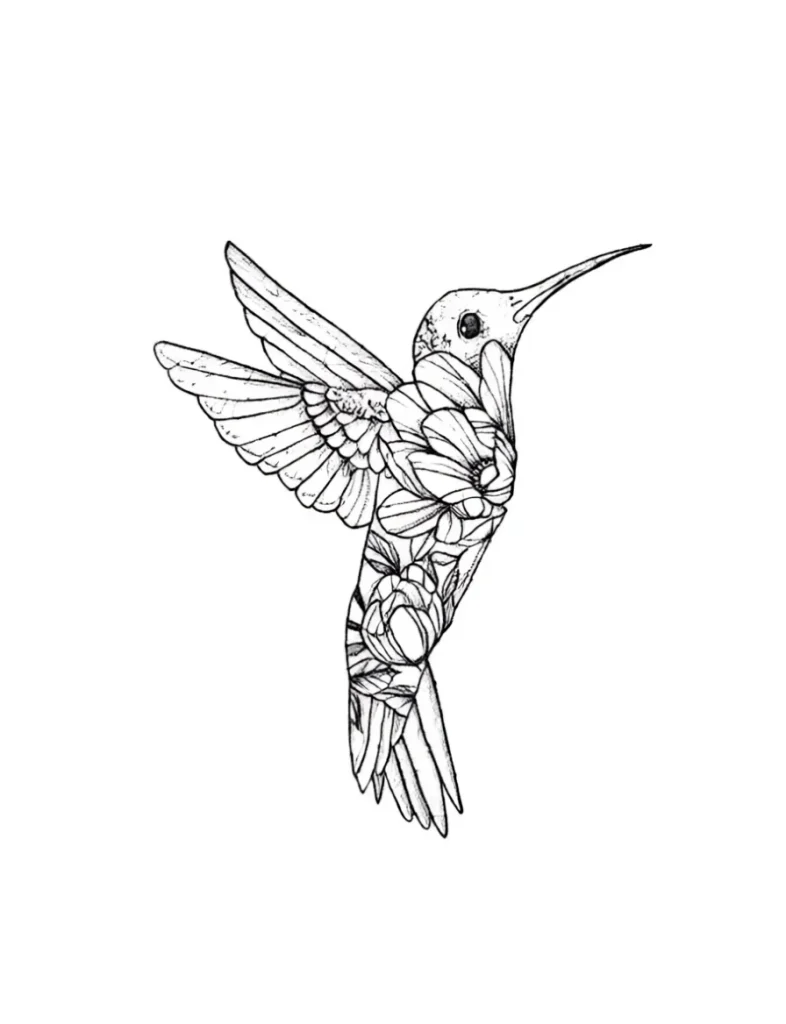 Esquisse de tatouage noir et blanc d'un colibri, réalisée dans un style graphique, avec un travail détaillé sur les ailes et le plumage. Idéal pour être placé sur les côtes ou le flanc de la cage thoracique.