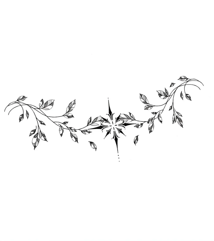 Black and white collarbone tattoo of a branch with leaves wrapping around a stylized star flower, symbolizing path and life guidance.