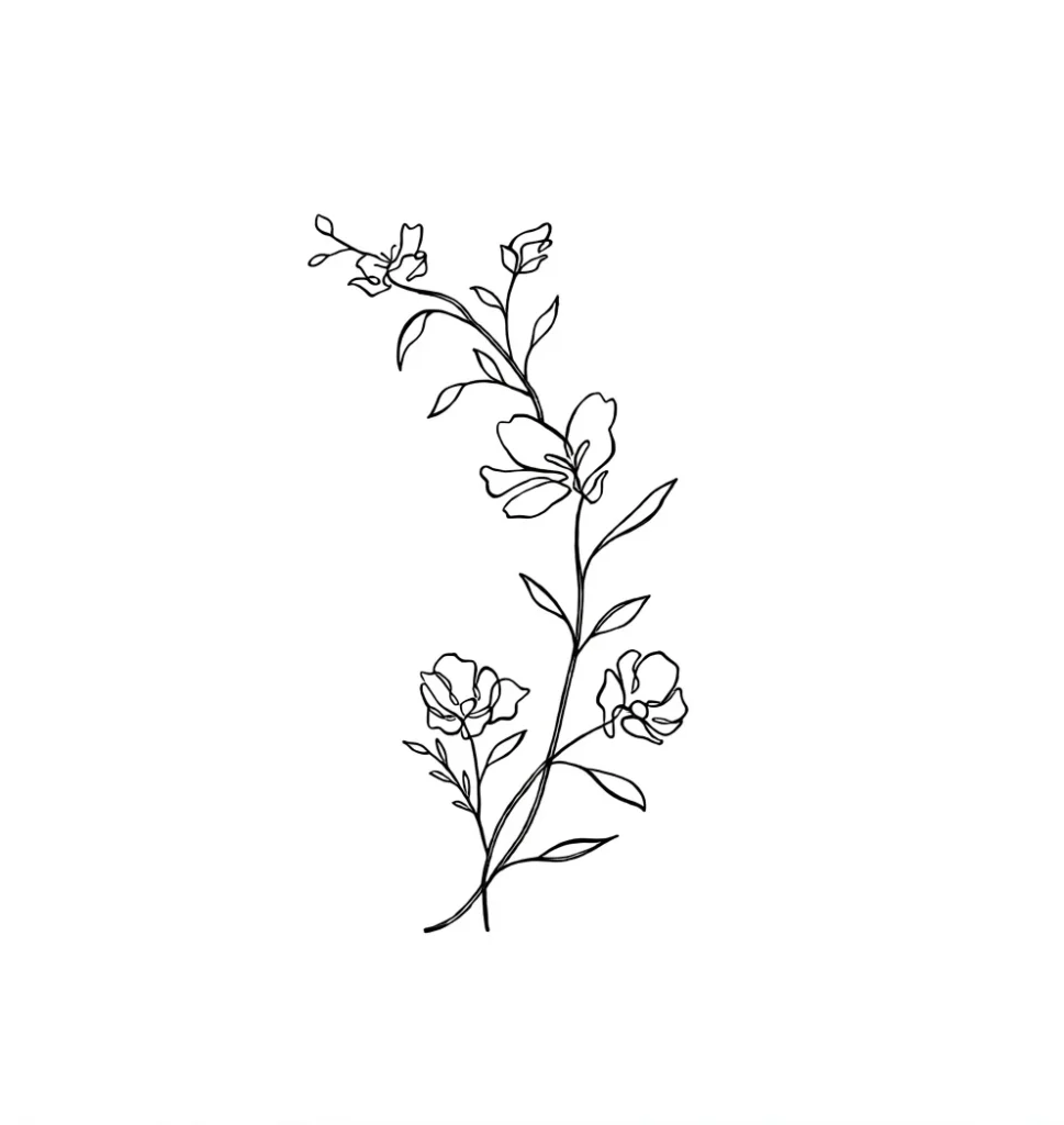 Black and white sketch of a tattoo on the shoulder blade: a thin branch with blooming flowers and leaves, done in a minimalist style.