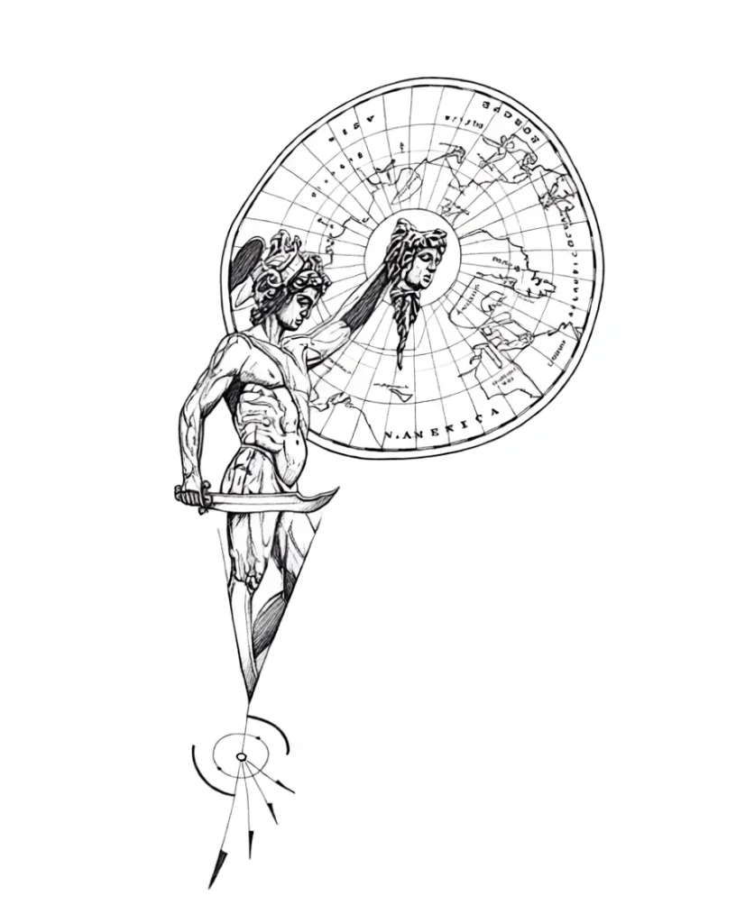 Black and white sketch of a tattoo on the shoulder blade: a warrior in a helmet holding a sword, against a backdrop of a world map and starry sky.