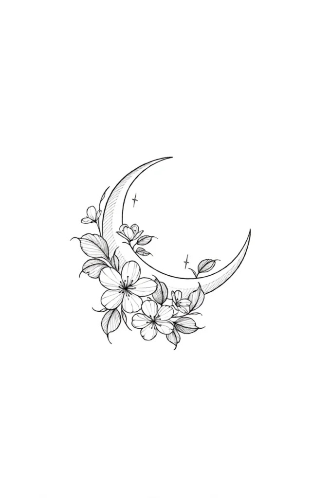 Black and white tattoo on the shoulder blade: a crescent moon entwined with flowers, with thin lines and detailed petal rendering.