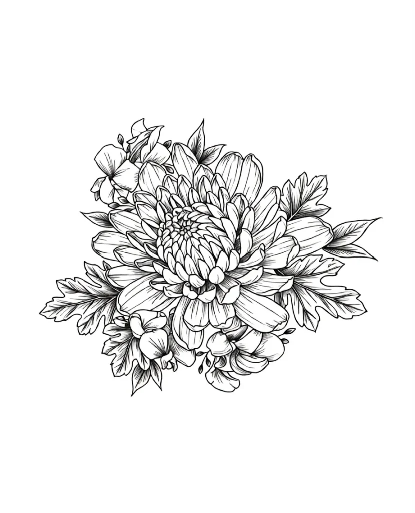 Black and white sketch of a tattoo on the shoulder blade with detailed chrysanthemums, done in a graphic style.
