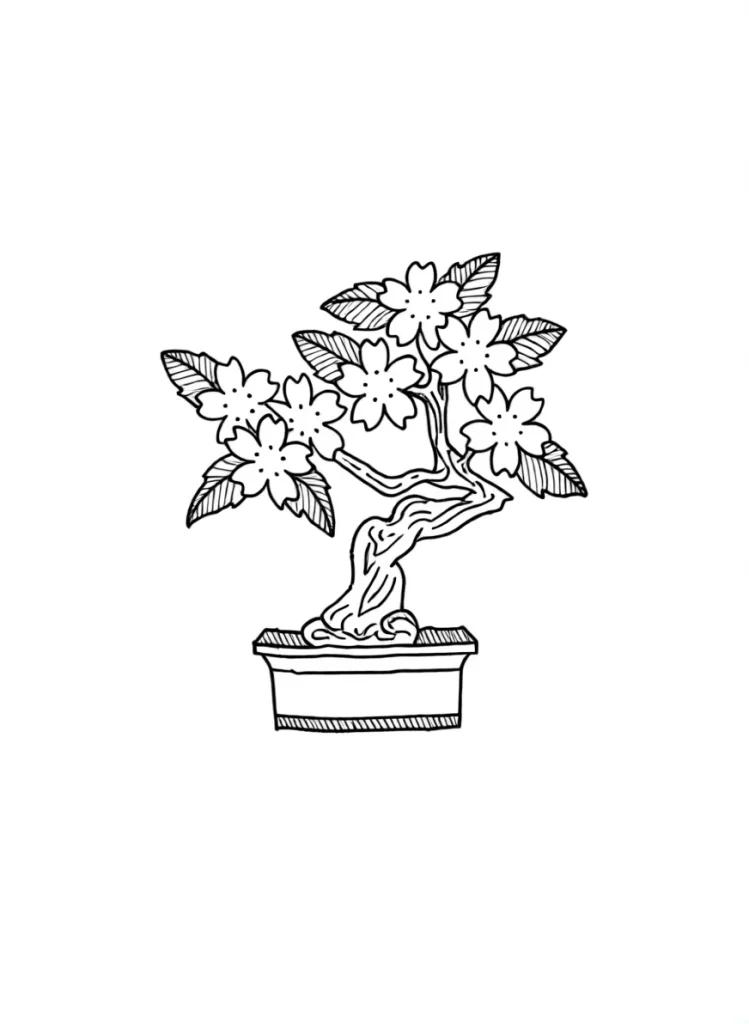 Black and white sketch of a bonsai tree in a pot, ideal for placement on the shoulder blade, with an emphasis on delicate lines and symbolic meaning.