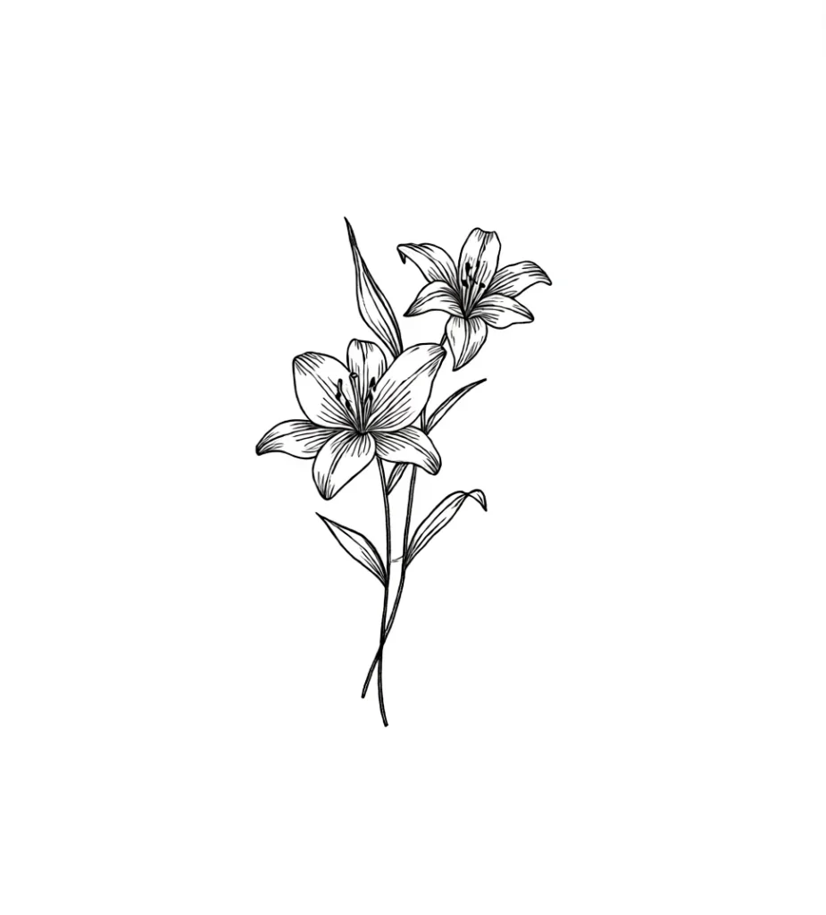 Black and white sketch of a tattoo with two blooming lilies on a stem, ideal for placement on the shoulder blade.