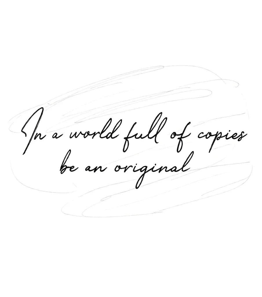 Black and white tattoo on the shoulder blade: a stylized wing and the inscription 'In a world full of copies be an original'.