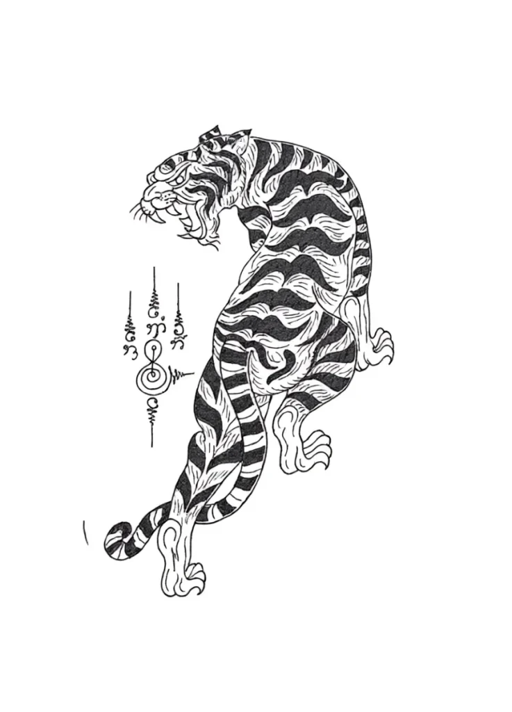 Black and white sketch of a tiger tattoo for the shoulder blade, done in traditional Thai style with sacred symbols.