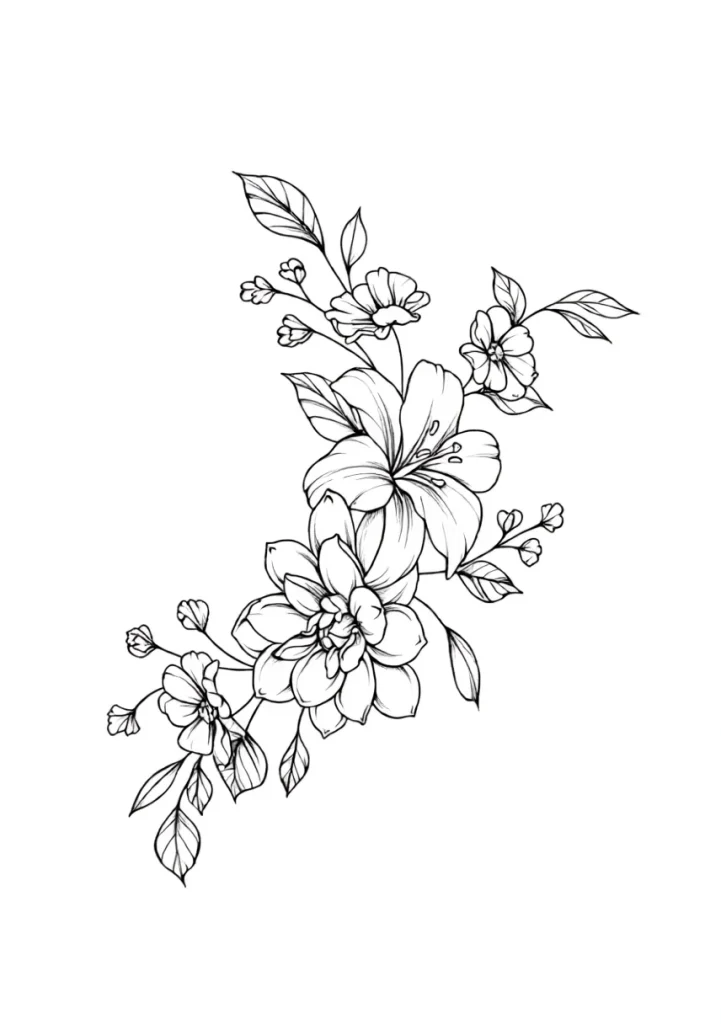Black and white sketch of a tattoo with a blooming lily, sakura branches, and delicate buds, done in a graphic style, suitable for the shoulder blade.
