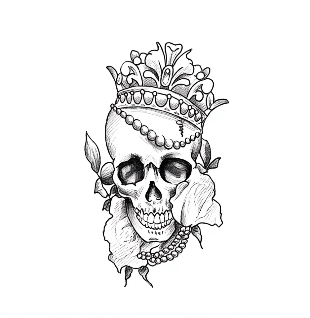 Black and white sketch of a skull tattoo adorned with a crown and pearl string, with added floral elements, for the shoulder blade.
