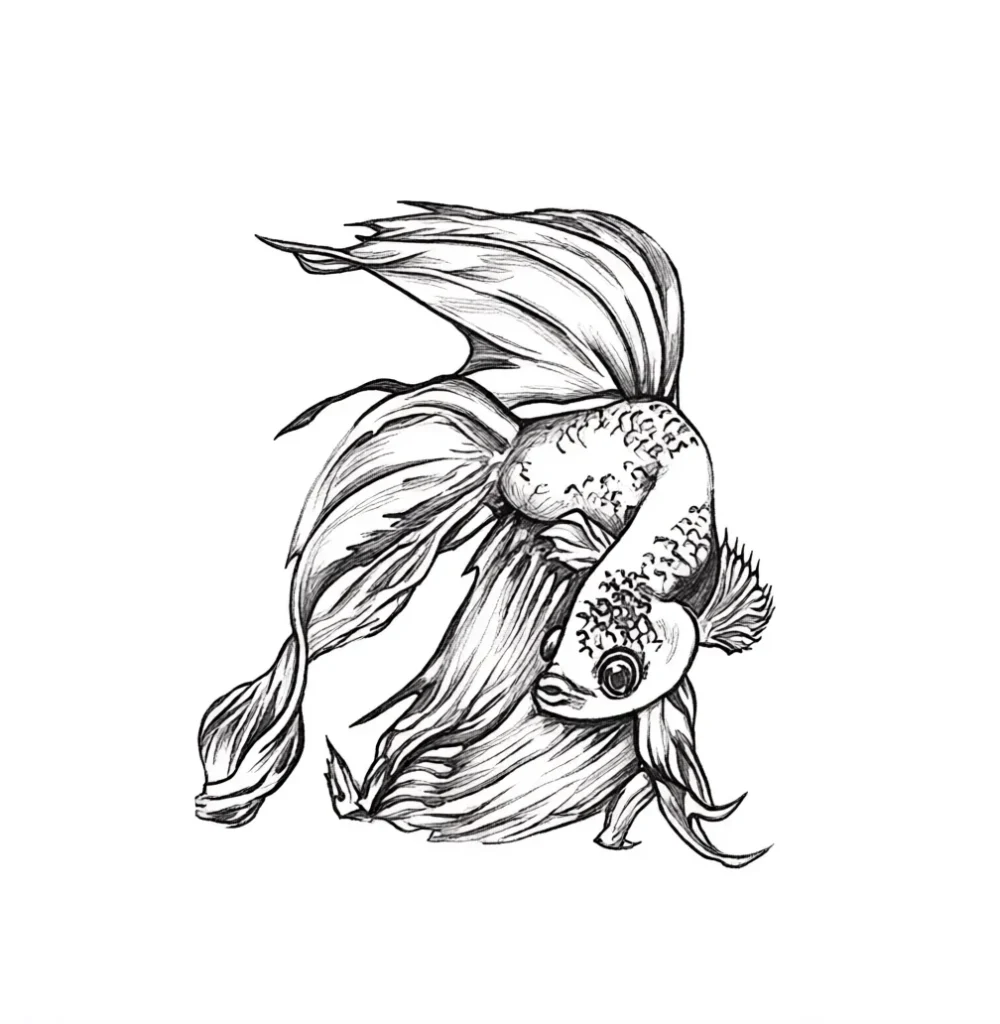 Black and white sketch of a fighting fish tattoo in a dynamic pose, done in a graphic style, suitable for the shoulder blade.