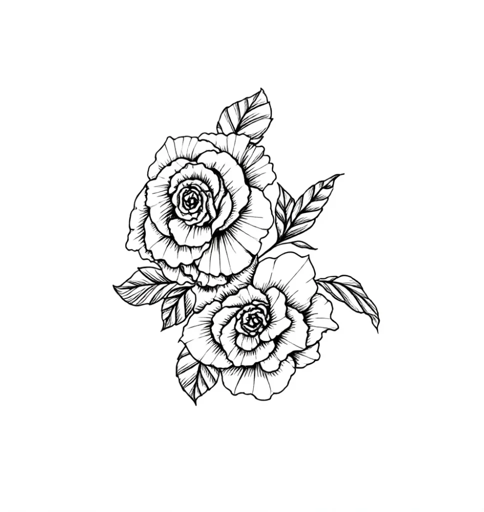 Black and white sketch of a tattoo with two blooming roses and leaves, ideal for placement on the shoulder blade.