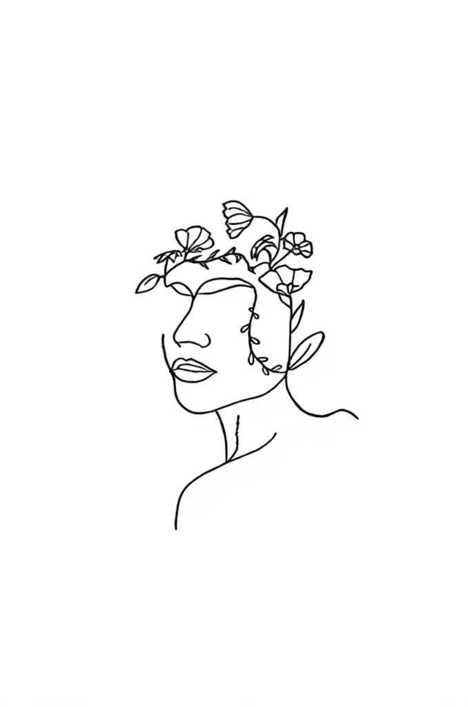 Esquisse de tatouage noir et blanc sur le flanc, représentant un profil féminin avec des fleurs dans les cheveux, réalisée en technique one-line.