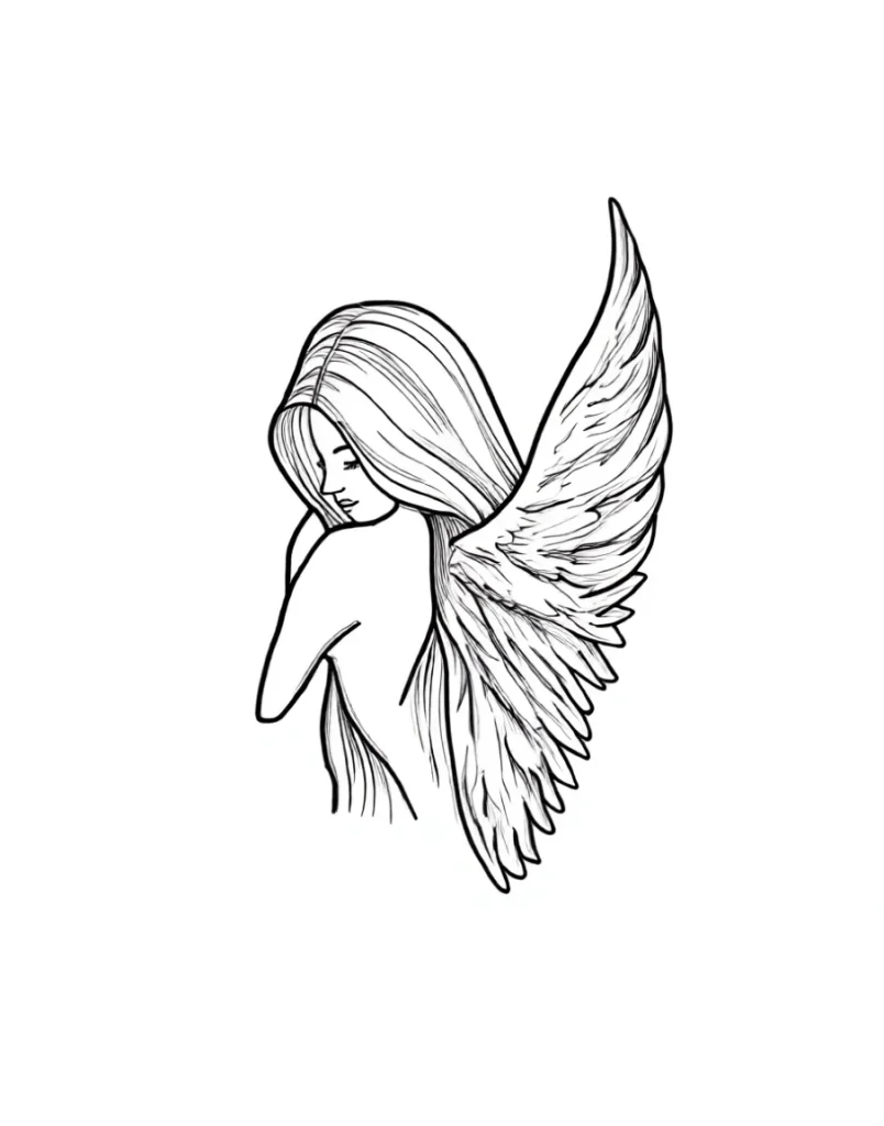 Black and white sketch of a tattoo on the shoulder blade: a girl with long hair and one angel wing, done in a graphic style.