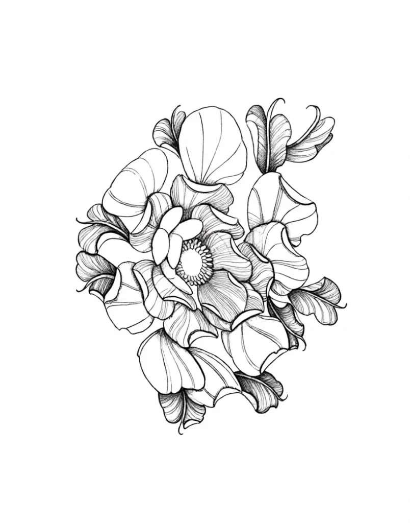 Black and white sketch of a peony tattoo on the shoulder blade, done in a graphic technique with an emphasis on petal detailing.