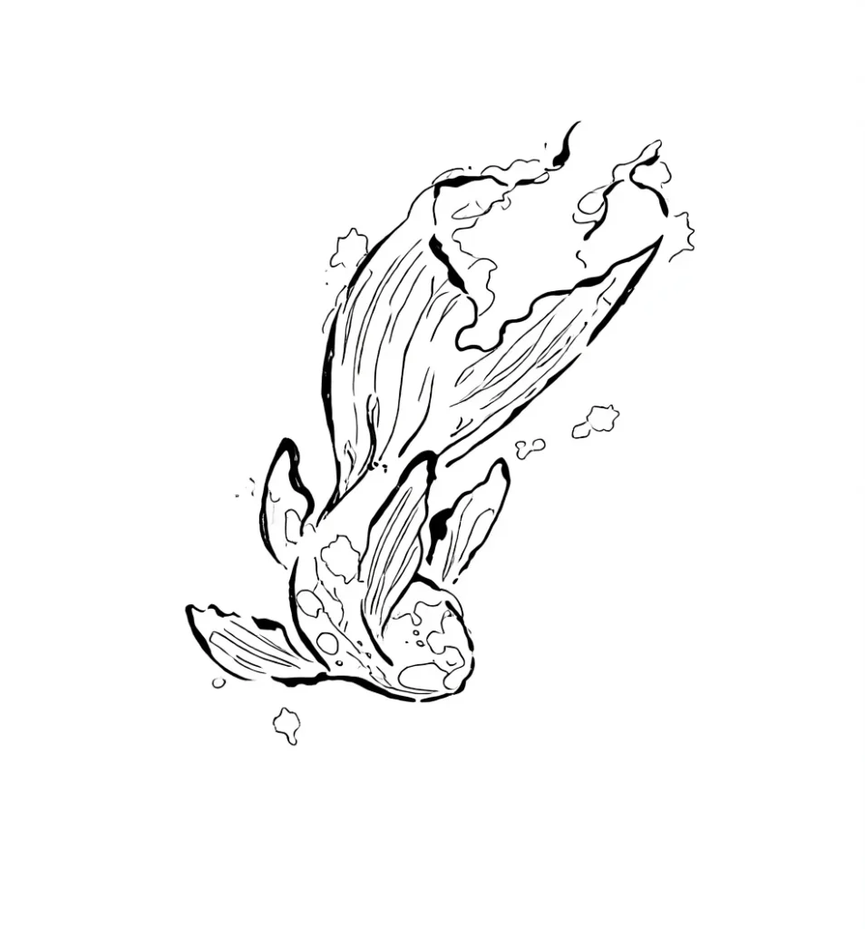 Esquisse de tatouage noir et blanc d'une baleine flottant dans les nuages, destinée à être placée sur le flanc de la cage thoracique.
