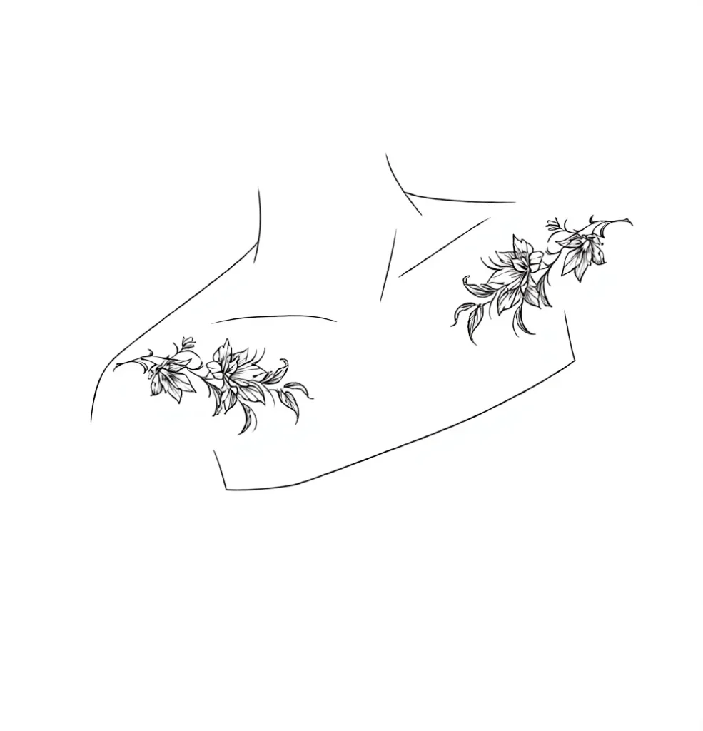 Black and white outline tattoo with flowers on the collarbone, a sketch for girls, minimalist design