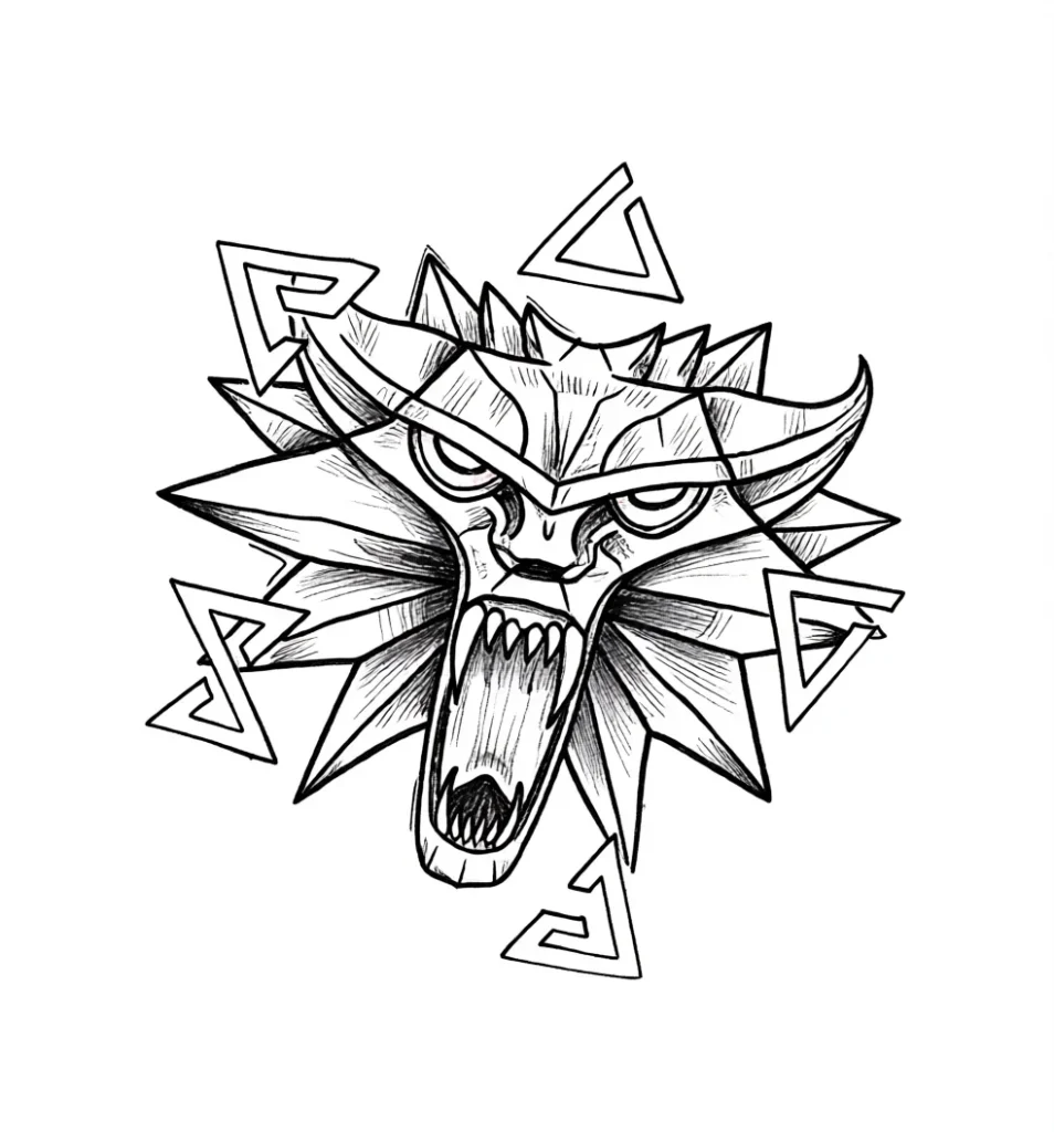 Black and white sketch of a Witcher's wolf head tattoo with a medallion, surrounded by geometric shapes, for placement on the shoulder blade.