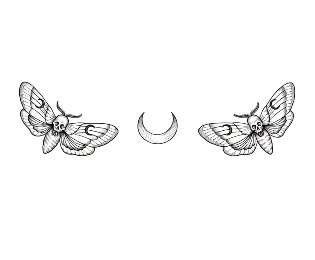 Black and white sketch of a collarbone tattoo with two moths, whose bodies are skulls, and a crescent moon between them.