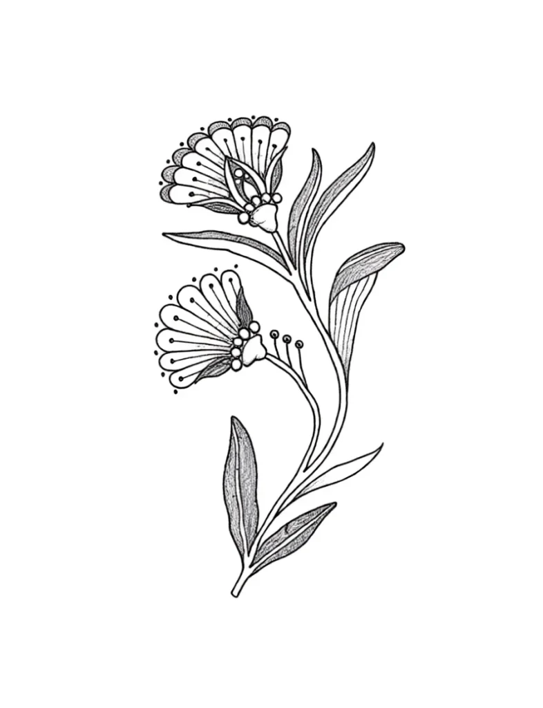 Black and white sketch of a tattoo with two flowers on a curved stem, ideal for placement on the shoulder blade.